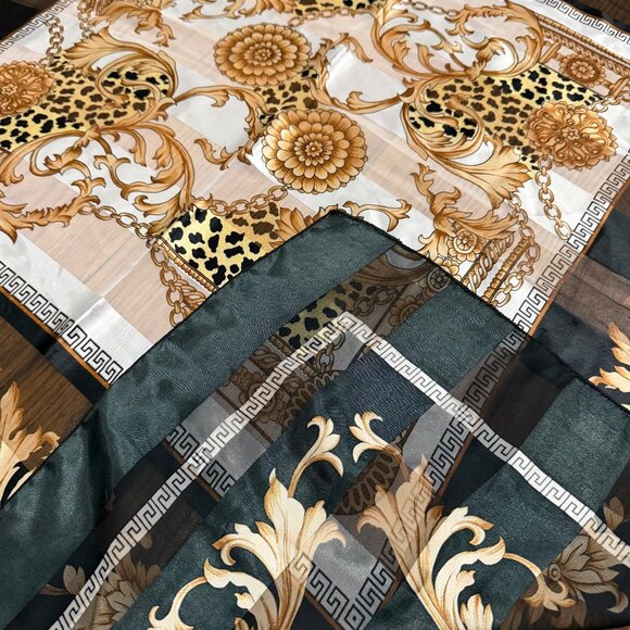 Vintage Baroque Leopard Floral Gold/Black Square Scarf Satin/Sheer Stripes - Picture 3 of 4